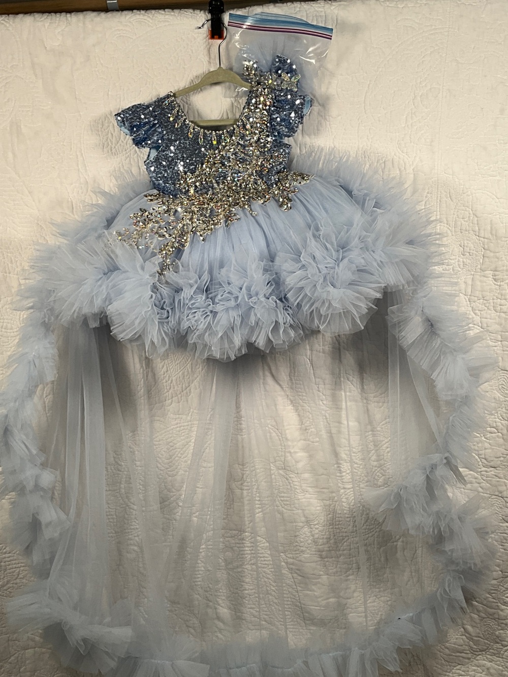 Light Blue Sequin & Tulle Girls Formal Dress with Gold Appliqué